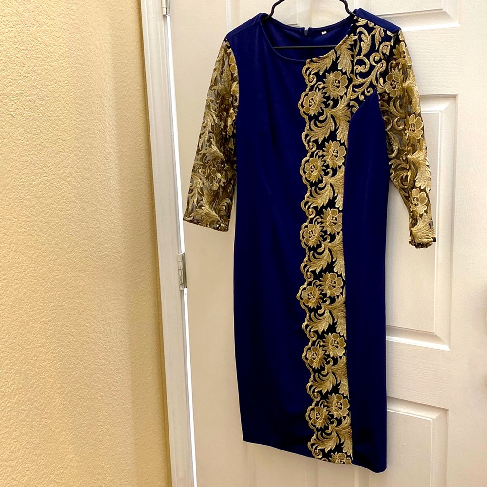 Navy blue and gold size large mid calf dress